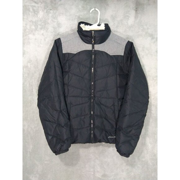 Eddie Bauer Puffer Jacket Womens Small Black Down Filled Sherpa Lined Full Zip - Picture 1 of 10